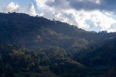 Zengin dağlar, gökyüzündeki yeşil orman, yağmur bulutları, güneş ışığı ferahlatıcı görünmek için aşağıya doğru parlıyor..