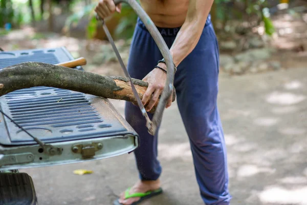 Selective Focus Large Branches Men Using Bow Saw Cut Wood — Stock Photo, Image