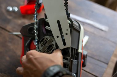Seçici odak Yeni oduncu araçları Dismonte, benzin motoru oduncusu sadece bahçe dalları kesmek için yeni satın aldı
