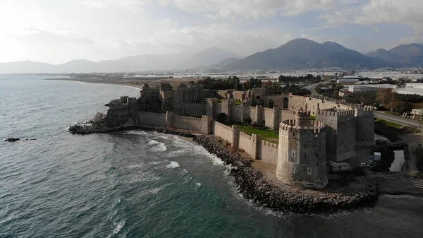 drone footage of a castle at the sea shore, ocean, Tenerife