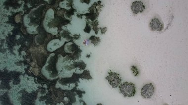 Deniz yeşili kayaların drone görüntüleri, okyanusta yatan kadın.