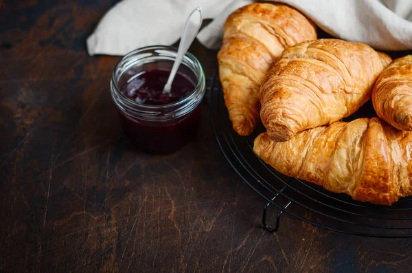 Freshly Baked Croissants Jam Dark Wooden Background — Stock Photo, Image