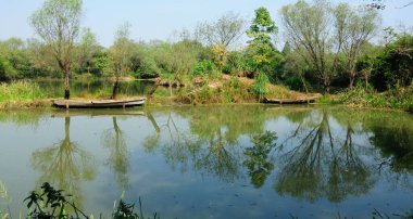 Çin 'in Zhejiang eyaletindeki Hangzhou' da bulunan Xixi sulak arazisinde bunu yansıtan bitki ve ağaçlarla çevrili küçük bir gölet.. 