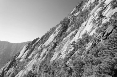 Anhui Eyaleti Çin'de bulunan Huangshan veya Sarı Dağ dramatik manzara siyah beyaz bir resim.