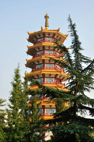 Qibao Temple Pagoda Seen Some Evergreen Trees Blue Sky Shanghai — 스톡 사진