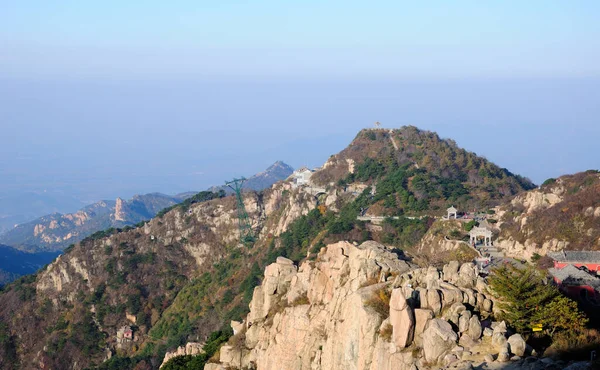 The summit of Taishan or mount Tai in Shandong province on a sunny morming.  