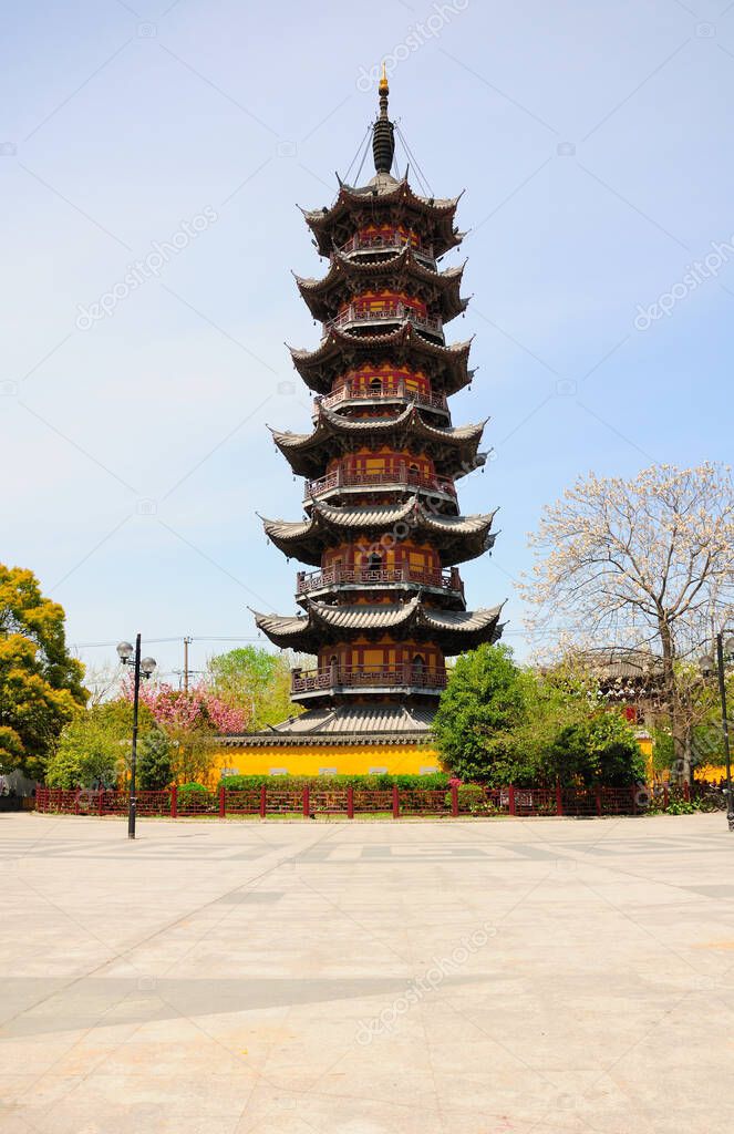 Longhua Temple Pagoda in Shanghai China on a sunny spring day. 