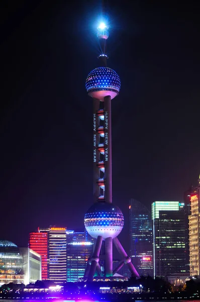 Pearl Tower Lit Night Lujiazui Pudong Shanghai China New Year — Foto de Stock