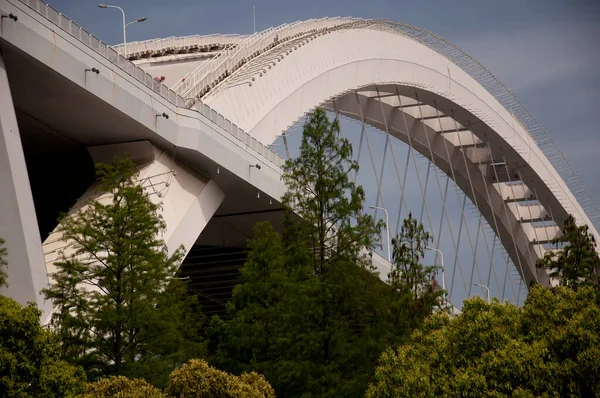 Biała Zakrzywiona Struktura Lupu Most Nad Huangpu Rzeką Szanghaju Porcelana — Zdjęcie stockowe