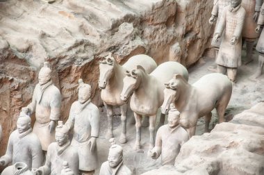  İmparator Qin Shi Huang 'ın terracotta savaşçıları Lintong, Xian, Shaanxi Eyaleti' ndeki en büyük arkeolojik alanda veya çukurda. Çince 'de Bng M Yng olarak bilinirler..