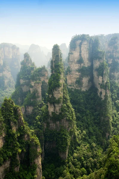 Çin 'in Hunan eyaletindeki Zhangjiajie ulusal orman parkındaki dramatik dağ manzarası..