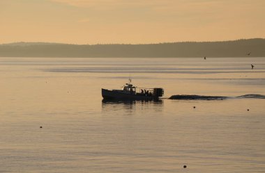 Lobster fisherman in their boat on an early morning in Maine