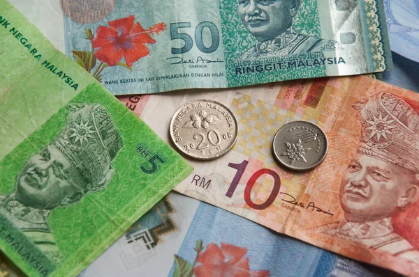 Bunte Malaysische Ringgit Papiergeld Und Münzen Abstrakten Hintergrund Verschiedene Stückelungen — Stockfoto