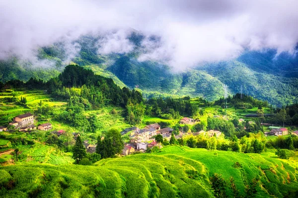 Clouds Hanging Yunhe Cloud Rice Terraces Summer Zhejiang Province China — Stock Photo, Image
