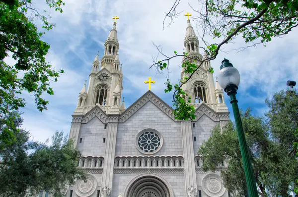 Twin Spires Saint Peter Paul Church San Francisco California Sunny — Foto de Stock