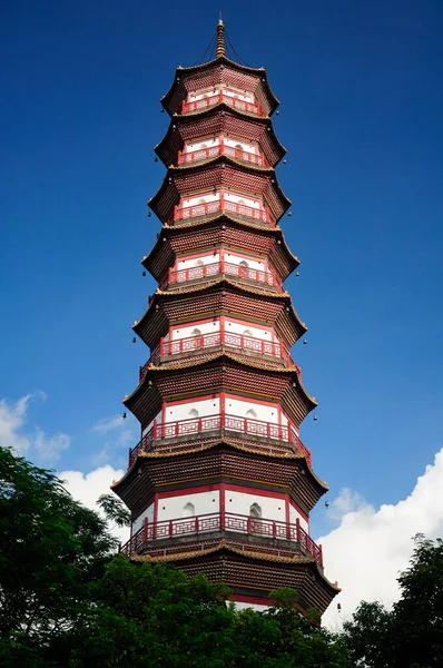 The Chigang Pagoda rising about a small park in the Haizhu district of Guangzhou china on a sunny blue sky day in Guangdong province.