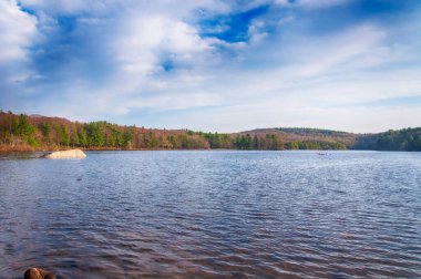 Torrington 'daki Burr Pond Eyalet Parkı' nın içindeki göl, güneşli mavi bir bahar gününde. 