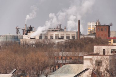 Heilongjiang eyaletindeki Zhaodong Çin şehrindeki bir sanayi fabrikasından çıkan beyaz duman bulutlu bir günde.