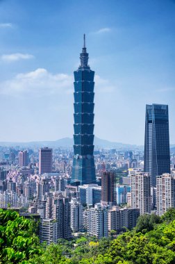 April 1, 2018.  Taipei, Taiwan.  The Taipei 101 landmark building rising above generic architecture in the city of Taipei Taiwan on a sunny day as seen from Xiangshan or Elephant Mountain.