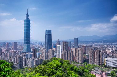 April 1, 2018.  Taipei, Taiwan.  The Taipei 101 landmark building rising above generic architecture in the city of Taipei Taiwan on a sunny day as seen from Xiangshan or Elephant Mountain.