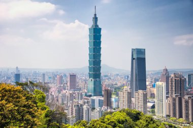 April 1, 2018.  Taipei, Taiwan.  The Taipei 101 landmark building rising above generic architecture in the city of Taipei Taiwan on a sunny day as seen from Xiangshan or Elephant Mountain.