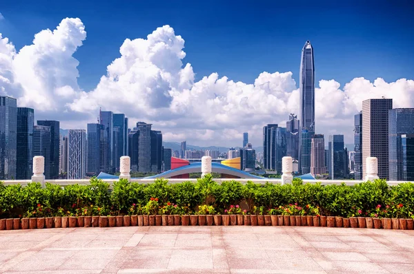 Overlooking Shenzhen Skyline Civic Center Pingan Financial Center Sunny Blue — Foto de Stock