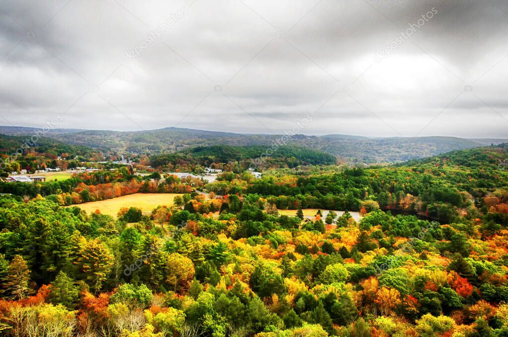 An elevated view of the fall foliage at black rock state park and thomaston connecticut in autumn.