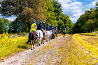 Litchfield, Connecticut.  September 9, 2017. A group of teenagers riding horses within Topsmead State park in Litchfield, Connecticut on a sunny day.