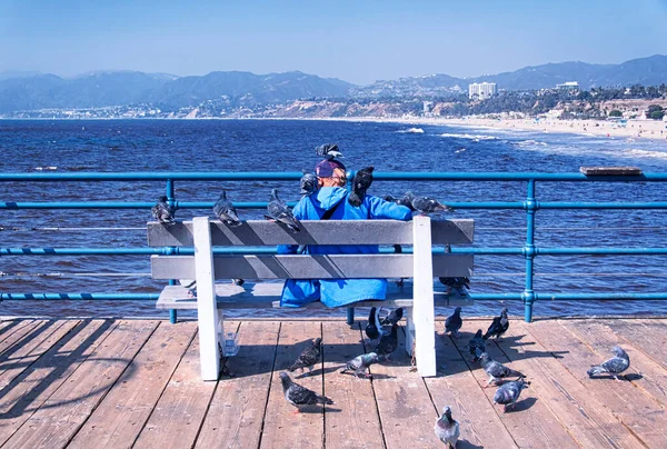 Unrecognizable Woman Sitting Bench Santa Monica Pier Overlooking Pacific Ocean — Stockfoto