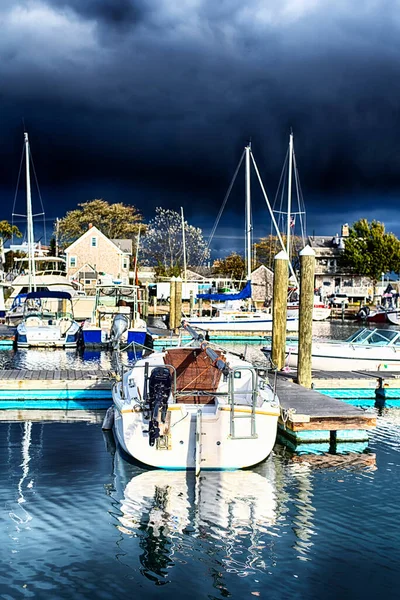 Variety Different Boats Docked Inner Harbor Lewis Bay Hyannis Massachusetts — ストック写真