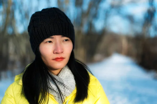 Attractive Chinese Woman Wearing Yellow Winter Jacket Looking Away Camera — 图库照片