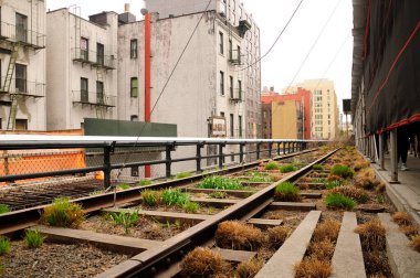 Old railroad tracks on the high line park path in Manhattan New York City on an overcast day. 