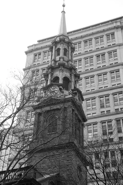 A black and white picture of St. Paul\'s chapel in lower manhattan New York City.