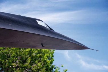 A SR-71 blackbird on display at the air museum in balboa park, san diego california.  