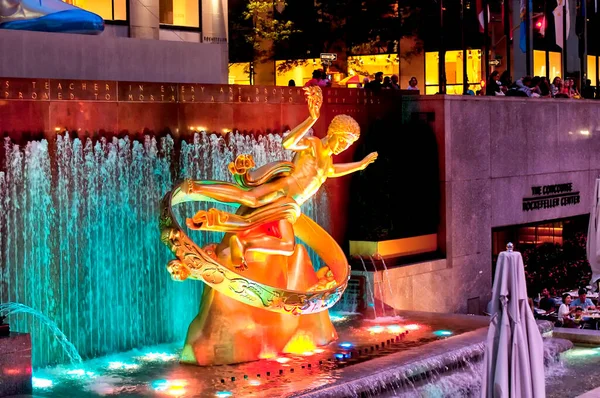 June 10, 2017.  New York City, New York. The iconic greek golden statue in Rockefeller Center in Manhattan New York City lit up at night.