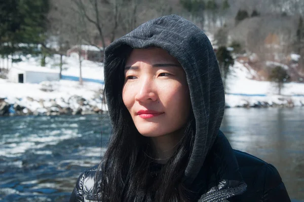 Elusive Chinese Woman Wearing Hoodie Winter Jacket Sunny Snow Winter — 图库照片