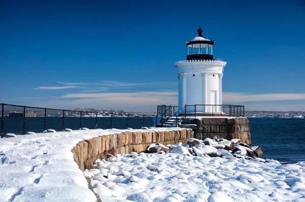 The snow covered landmark breakwater lighthouse or bug light in South Portland on a sunny blue sky winter day in maine.