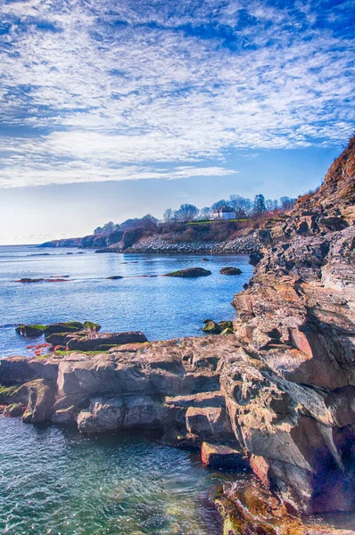 Skalnaté Pobřeží Newport Rhode Island Spojených Státech Soumraku Pod Modrou — Stock fotografie