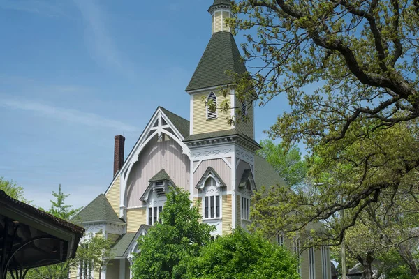 The landmark Trinty church within the Martha\'s Vineyard Camp Meeting Associating historic area in Oak Bluffs Massachusetts.