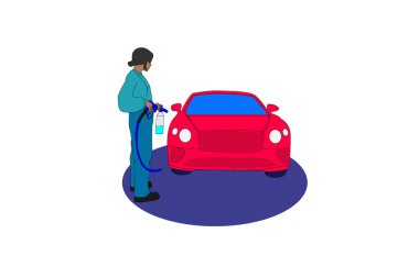 Araba yıkama servisi vektörü. Üniformalı kadın kırmızı arabayı sabun ve suyla yıkıyor..