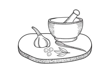 Pestle el çizimi vektörlü baharatlar ve havan topları