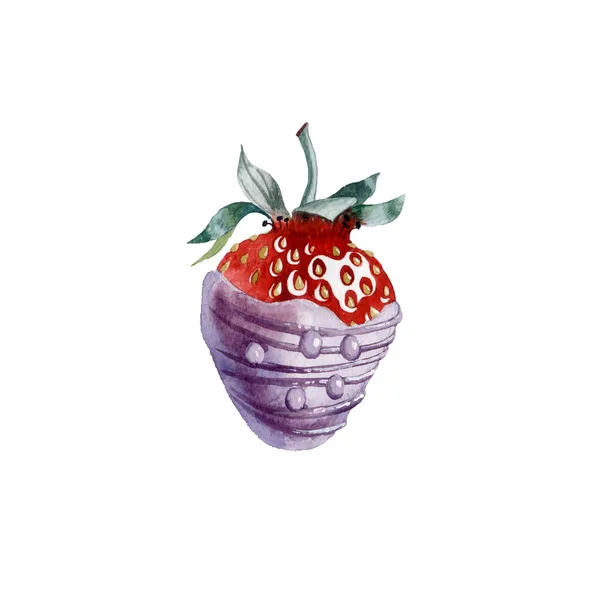 巧克力中红色草莓的水彩画 — 图库照片