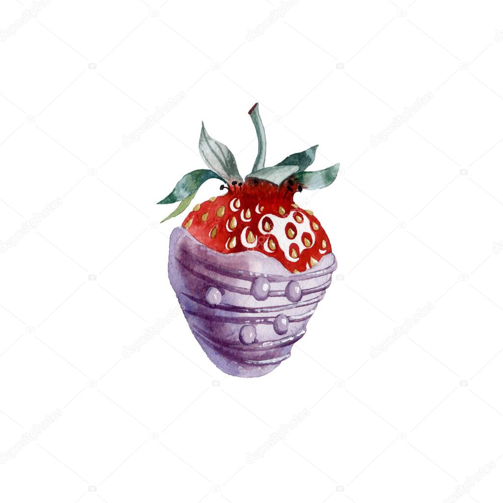 Watercolor illustration of red strawberry in chocolate