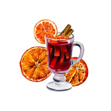 Portakal ve tarçın dilimli sıcak şarabın suluboya çizimi. Beyaz arka plan. Kış tatili için tasarım kartları. Tekstil, peçete, silecek, havlu, ambalaj kağıdı.