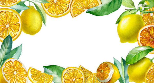 Лемон. Ботаническая акварельная иллюстрация желтого лимона. Изолированный на белом фоне. Дизайн для чая, зеленого чая, фруктового чая. Перфект для текстиля, салфетки, стеклоочистители, крючки, сервиз посуды