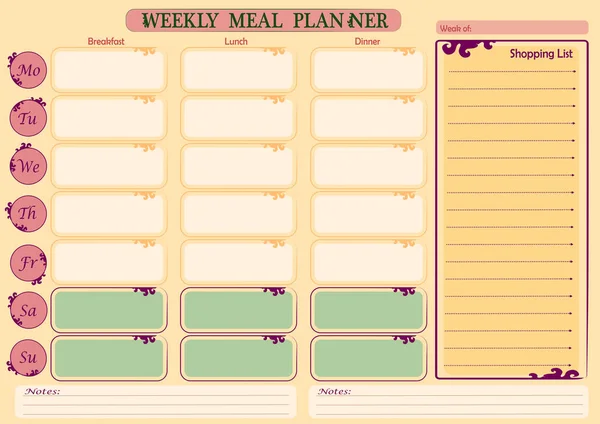 Weekly Meal Planner Shopping List Organize Healthy Meal Plan Diet — Stock Vector