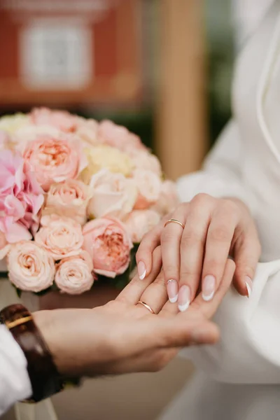 Well Groomed Hands Beautiful Nails Background Flowers — Stock Photo, Image