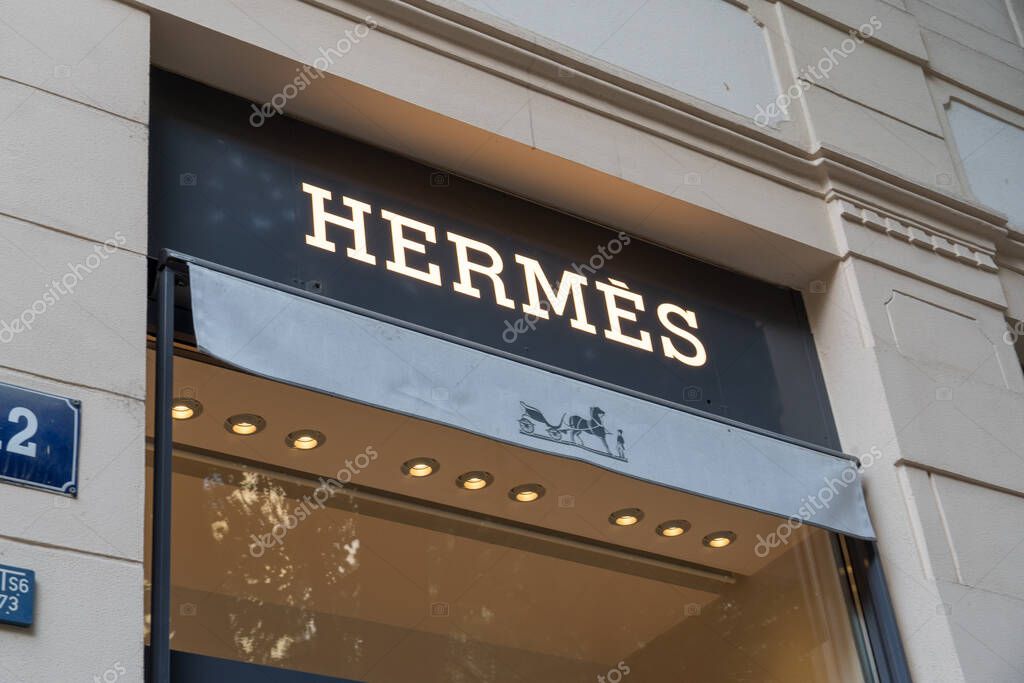 Prague, Czech Republic - July 22, 2020: Hermes store. The French high fashion luxury goods manufacturer is specialized in leather, lifestyle accessories, perfumery, jewelry and ready-to-wear