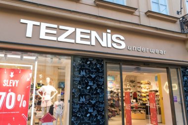 Prague, Czech Republic - July 22, 2020: Tezenis store exterior. Belonging to Calzedonia Group, Tezenis is an Italian fashion brand that produces underwear socks and costumes for women men and children