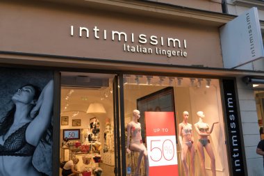 Prague, Czech Republic - July 22, 2020: Intimissimi store. Intimissimi is an Italian clothing label founded in 1996 specialized in bras, briefs, lingerie, vests and pyjamas for women and men